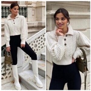 Zara Chunky Cropped Cable Knit Wool Blend Sweater